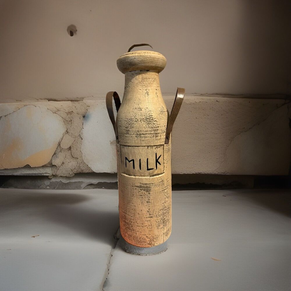 Rustic Decor Wooden Milk Bottle 12" Metal Handles Primitive Handmade